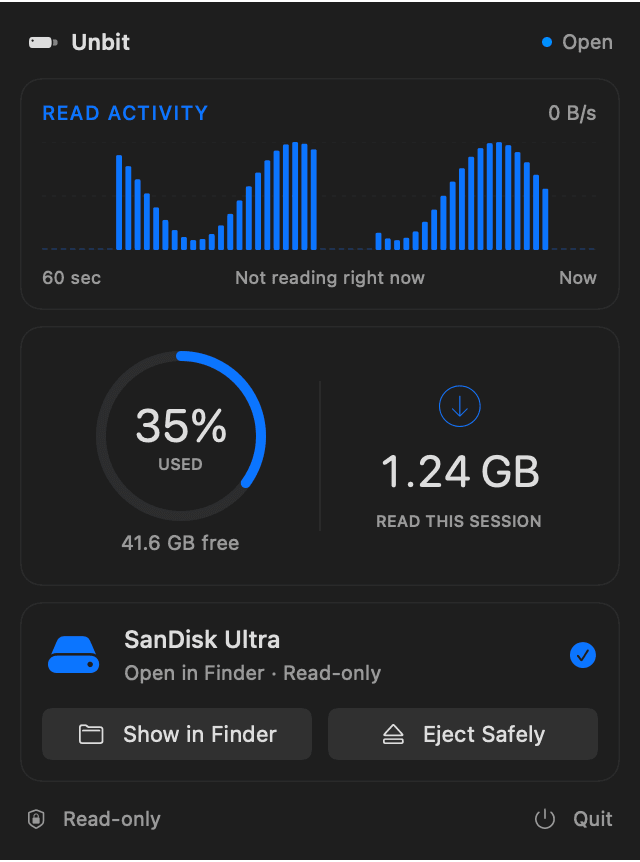 Unbit menu bar window showing an open drive, read activity and storage used